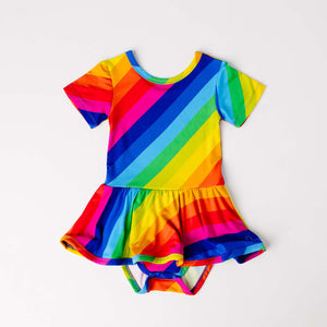 Rainbow Stripe Short Sleeve Leotard Dress