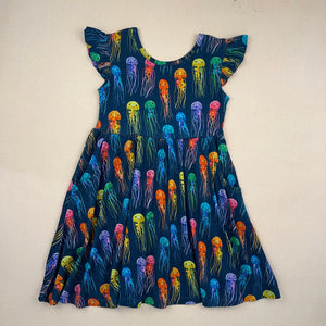 Rainbow Jellies Ruffle Cap Sleeve Skater Dress