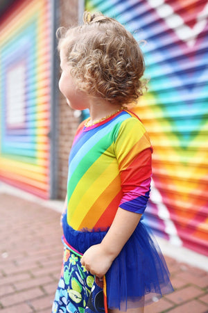Rainbow Stripe Ruffle Cap Sleeve Leotard Party Dress