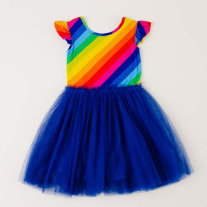 Rainbow Stripe Ruffle Cap Sleeve Party Dress